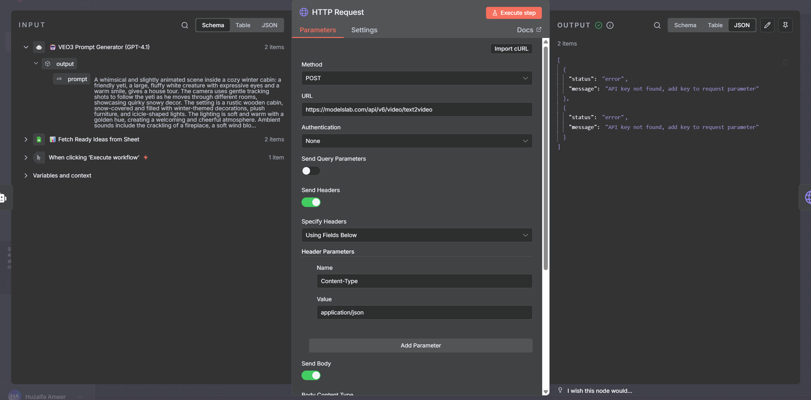 n8n node setup and execution screen